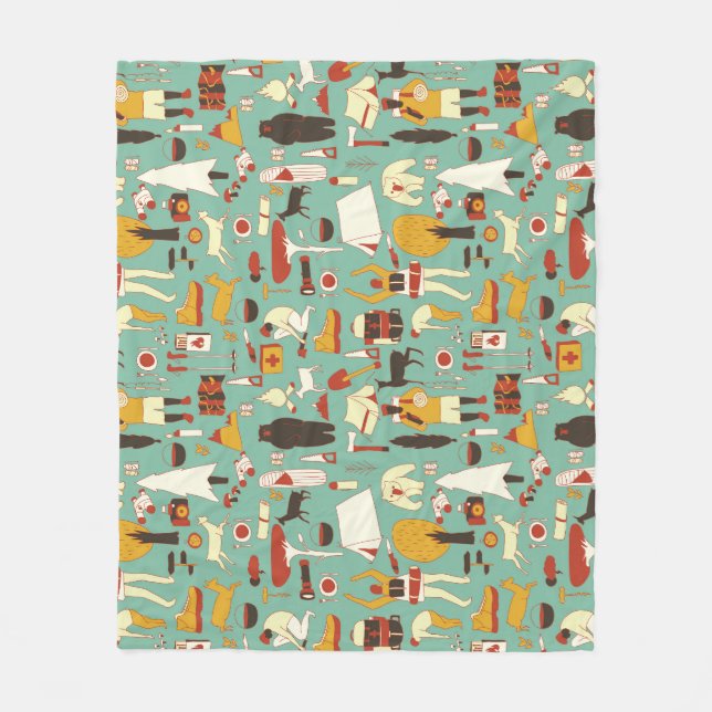 Hand-drawn camping, retro seamless pattern. fleece blanket (Front)