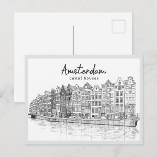 Hand drawn Canal Houses Amsterdam Netherlands Postcard