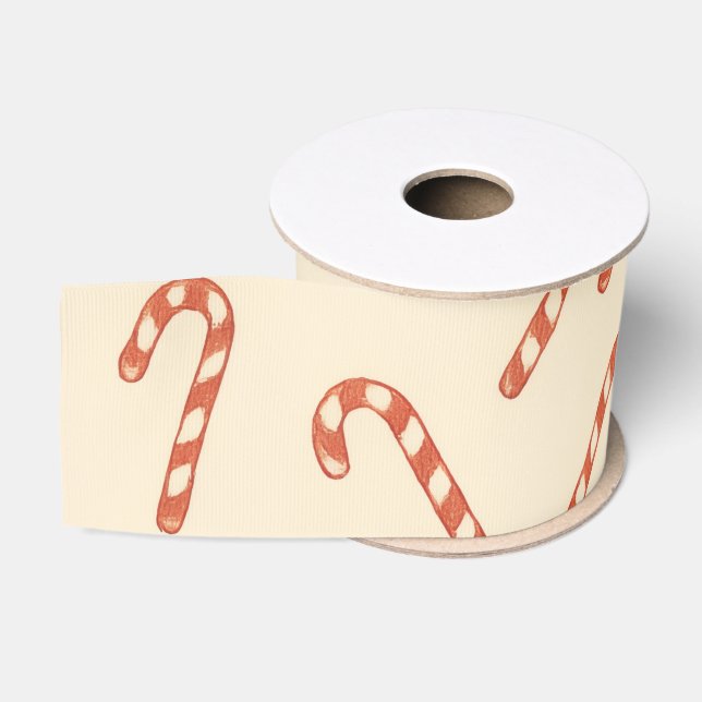 Hand-Drawn Candy Cane Ivory Christmas Grosgrain Ribbon (Spool)