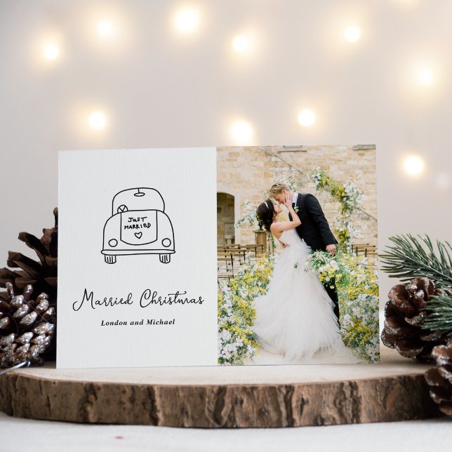 Hand Drawn Car Doodle Modern Newlywed Christmas Holiday Card (Creator Uploaded)