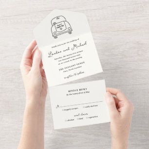 Hand Drawn Car Doodle Modern Wedding All In One Invitation