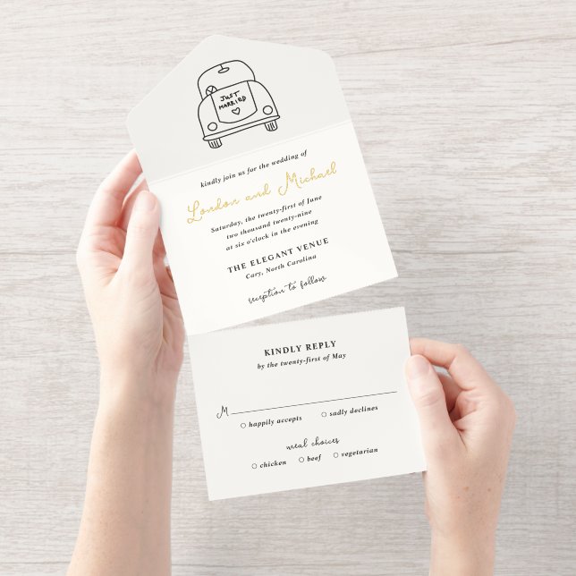 Hand Drawn Car Doodle Modern Wedding All In One Invitation (Tearaway)