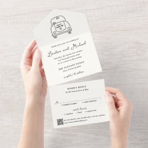 Hand Drawn Car Doodle QR Code Modern Wedding All In One Invitation