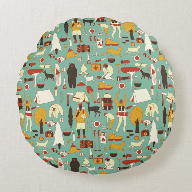 hand drawn cartoon seamless camping pattern. Picni Round Pillow (Front)