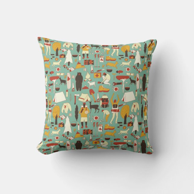 hand drawn cartoon seamless camping pattern. Picni Throw Pillow (Front)