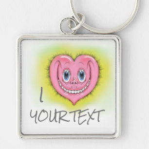Hand Drawn Cartoon Smiling Cute Pink I Heart  Keychain