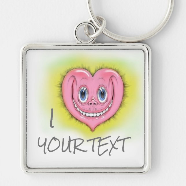 Hand Drawn Cartoon Smiling Cute Pink I Heart  Keychain (Front)