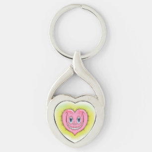 Hand Drawn Cartoon Smiling Cute Pink I Heart Keychain