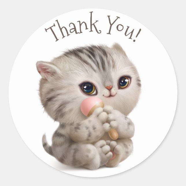 Hand Drawn Cat with Thank You Typography Classic Round Sticker (Front)