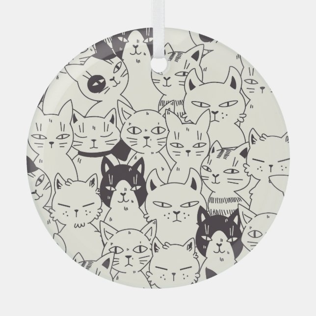 Hand-drawn cats doodle seamless pattern. glass ornament (Front)