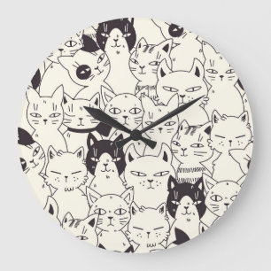 Hand-drawn cats doodle seamless pattern. large clock