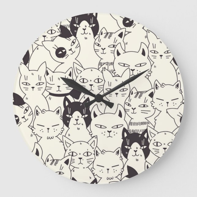 Hand-drawn cats doodle seamless pattern. large clock (Front)