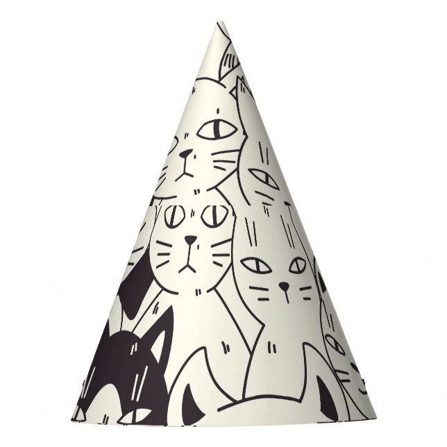 Hand-drawn cats doodle seamless pattern. party hat (Front)