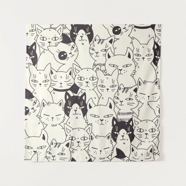 Hand-drawn cats doodle seamless pattern. tapestry (Front)