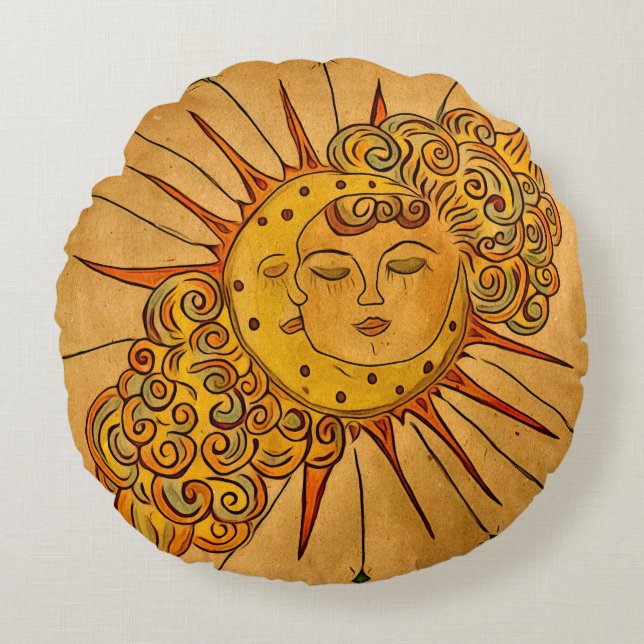 Hand drawn celastial sun & moon  round pillow (Front)