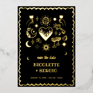 Hand Drawn Celestial Wedding Save the Date in Gold