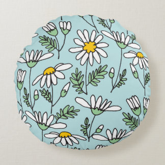 Hand-Drawn Chamomile Pattern. Round Pillow