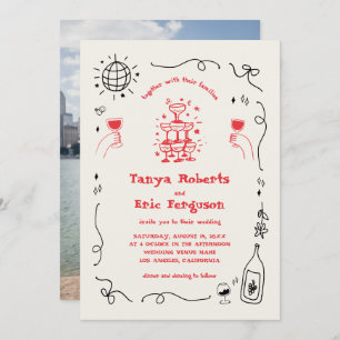 Hand Drawn Champagne Cocktail Whimsical Wedding Invitation