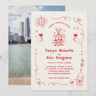 Hand Drawn Champagne Cocktail Whimsical Wedding Invitation