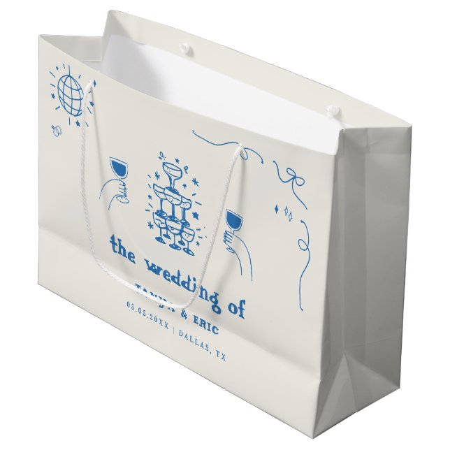 Hand Drawn Champagne French Disco Wedding Favour Large Gift Bag (Front Angled)