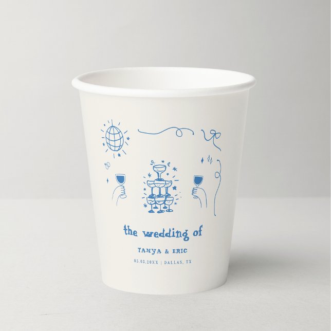 Hand Drawn Champagne French Disco Wedding Paper Cups (Creator Uploaded)