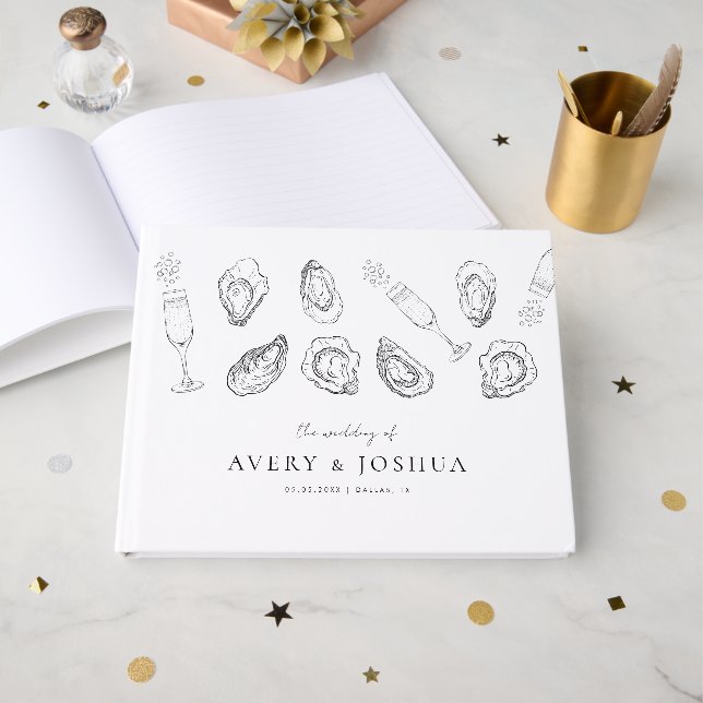 Hand Drawn Champagne & Oysters Roast Wedding Guest Book (Front Open)