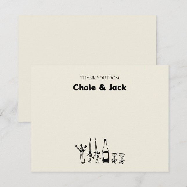 Hand Drawn Champagne Retro Wedding Card (Front/Back)