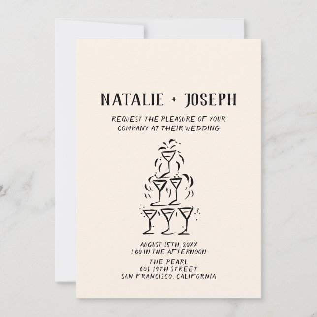 Hand Drawn Champagne Tower All In One Wedding Invitation (Front)