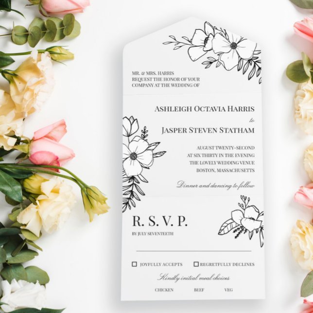 Hand Drawn Charcoal & White Flowers Wedding  All In One Invitation (Creator Uploaded)