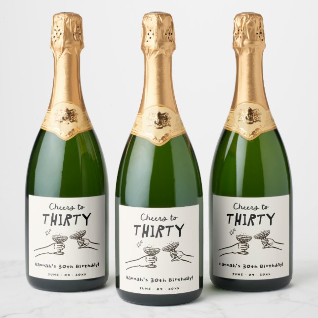 Hand Drawn Cheers to 30 Years Birthday Party Sparkling Wine Label (Bottles)