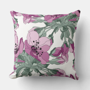 Hand drawn Cherry blossom minimal floral green Throw Pillow