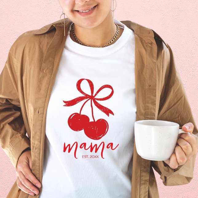 Hand Drawn Cherry Cute Bow Red Mama T-Shirt (Hand Drawn Cherry Cute Bow Red Mama T-Shirt)