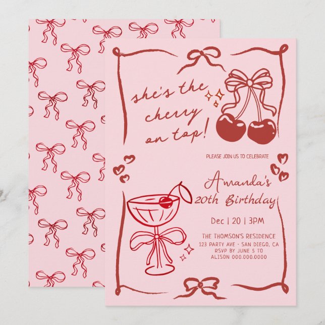  hand-drawn cherry martini birthday invitation (Front/Back)