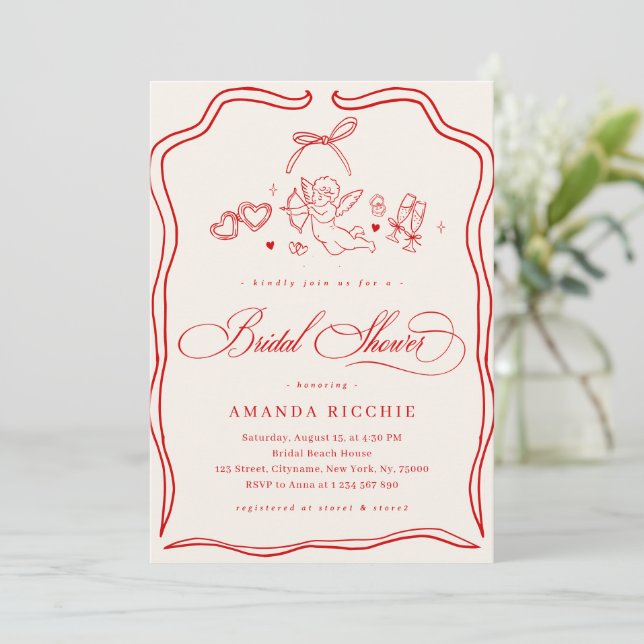 Hand Drawn Cherub Vintage Cupid Bridal Shower Invitation (Standing Front)
