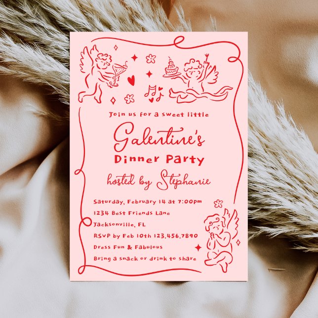 Hand Drawn Cherubs Pink Red Galentine's Day Party Invitation (Creator Uploaded)