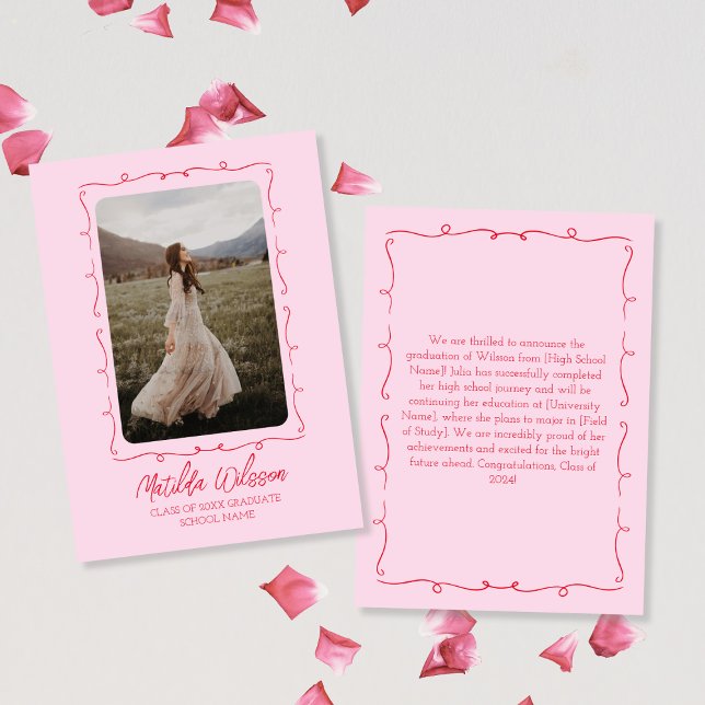 Hand Drawn Chic Pink & Red Photo 2024 Graduation Announcement (Hand Drawn Chic Pink & Red Photo 2024 Graduation Announcement)