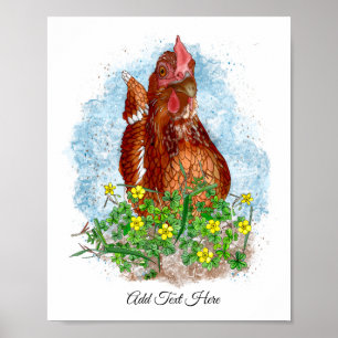 Hand drawn Chicken Art   Cute Chicken in Flowers Poster