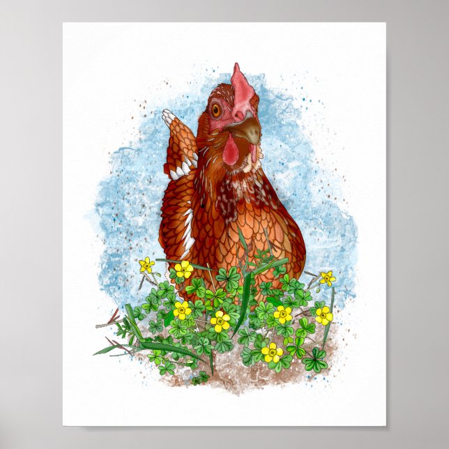 Hand drawn Chicken Art | Cute Chicken in Flowers  Poster (Front)