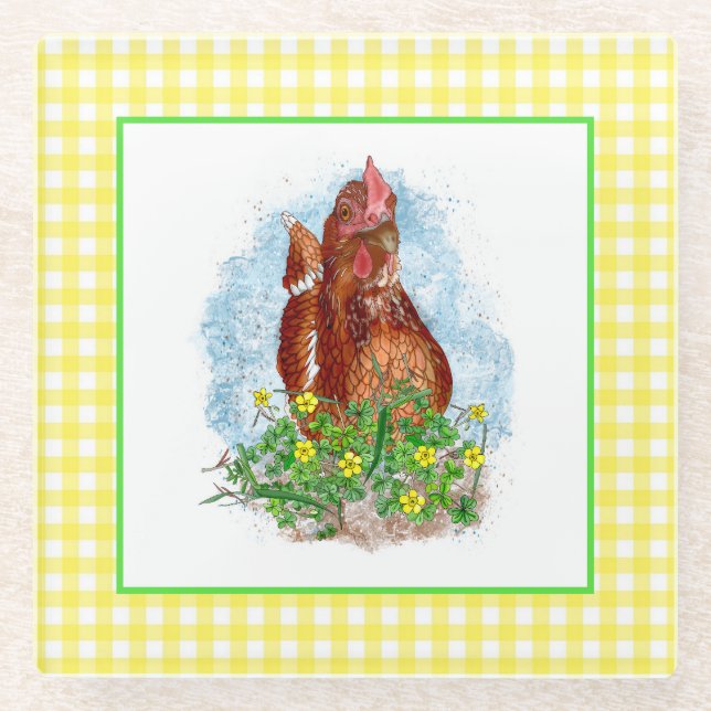 Hand drawn Chicken Art Glass Coaster (Front)