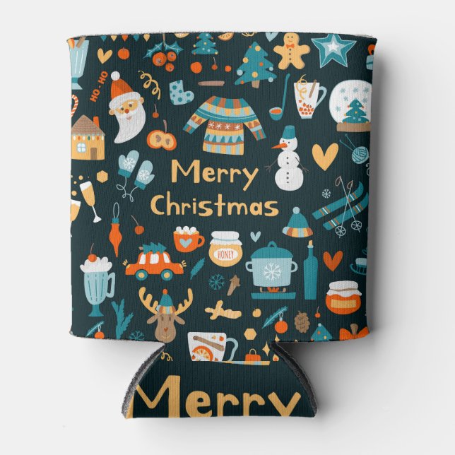 Hand-drawn Christmas and New Year elements. Can Cooler (Front)