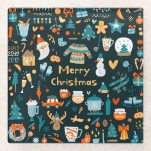 Hand-drawn Christmas and New Year elements. Glass Coaster