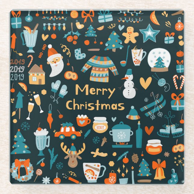 Hand-drawn Christmas and New Year elements. Glass Coaster (Front)