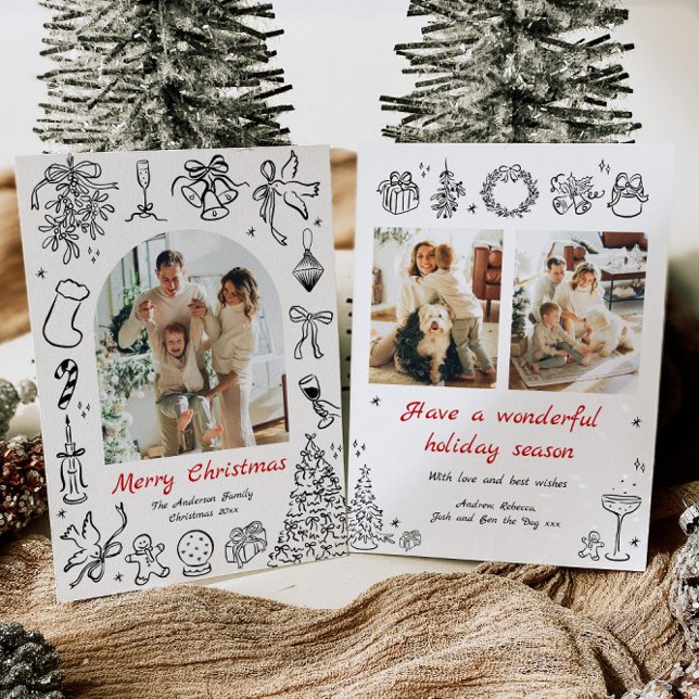 Hand Drawn Christmas Card Photo Doodle Holiday Red (Creator Uploaded)