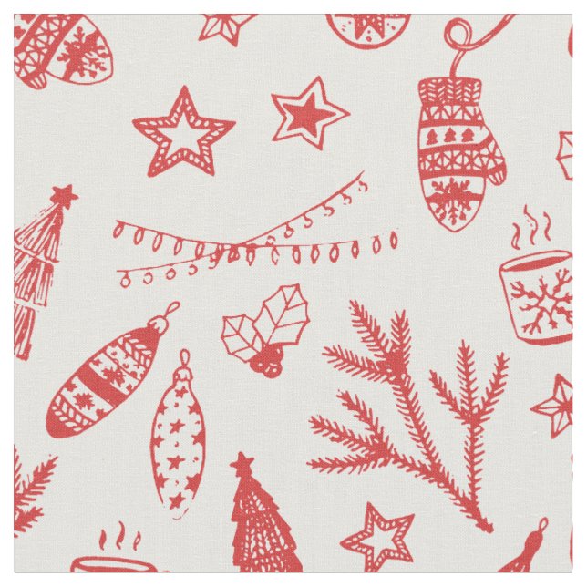 Hand Drawn Christmas Decorations Holiday Set Fabric (Close Up)