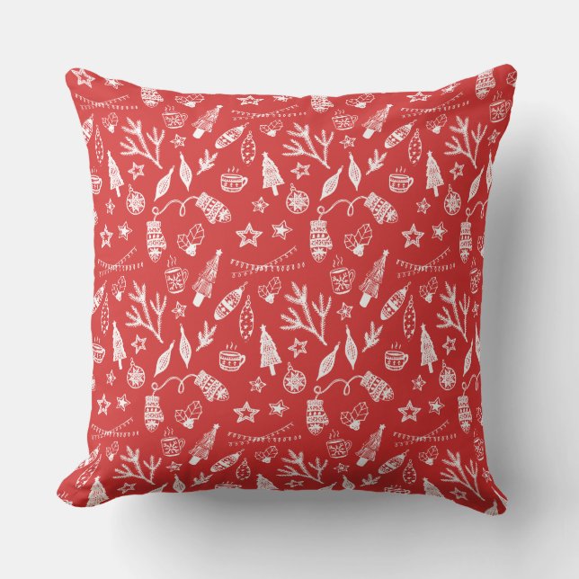 Hand Drawn Christmas Decorations Holiday Set Red Throw Pillow (Front)