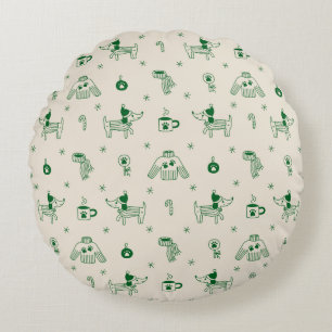 Hand-Drawn Christmas Dogs Round Pillow
