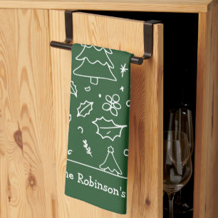 Hand Drawn Christmas Doodles Family Name Kitchen Towel