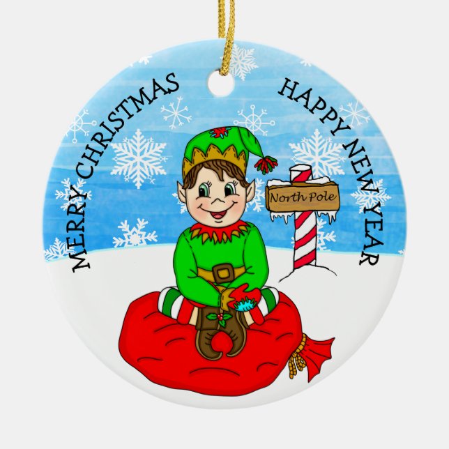Hand drawn Christmas Elf Festive Personalized  Ceramic Ornament (Front)