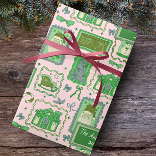 Hand Drawn christmas green pink custom name  Wrapping Paper