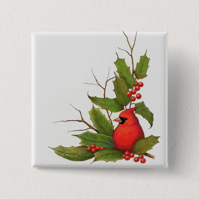Hand-Drawn Christmas Illustration: Holly, Cardinal 2 Inch Square Button (Front)